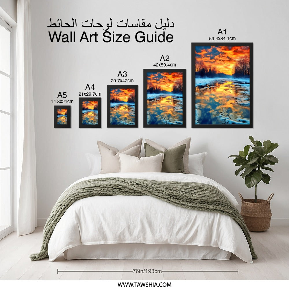 Winter Sunset Reflection, River Landscape Wall Art, Nature Scenery Print, Vivid Sky Art, Winter Decor, Home Decor Wall Art - Tawshia