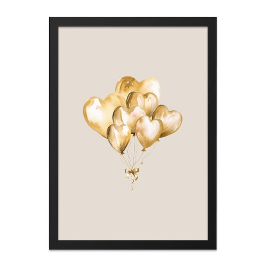 Golden Heart Balloons Framed Wall Art, Watercolor Heart Art Print, Love Home Decor, Anniversary Gift Idea, Gold Wall Decor, Home Decor - Tawshia