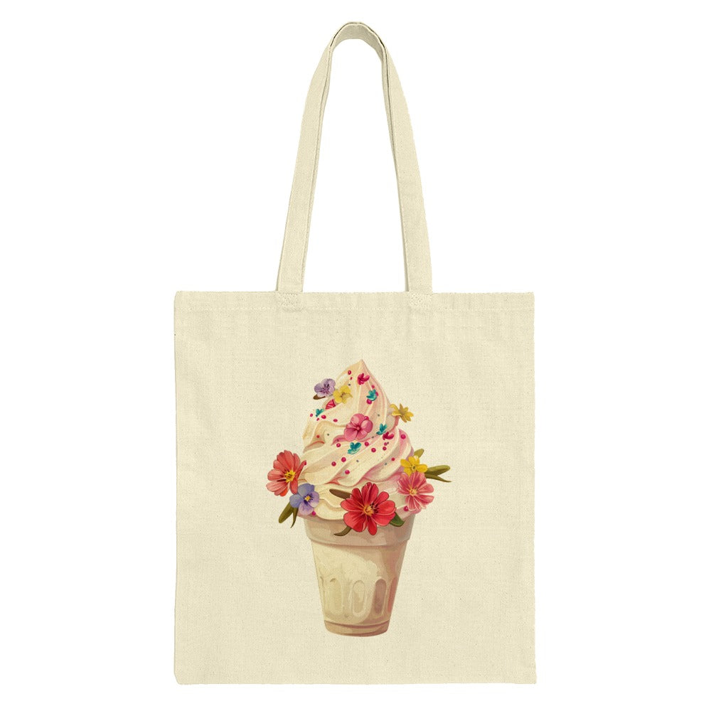 Floral Ice Cream Tote Bag, Cute Dessert Bag, Whimsical Art, Food Lover Gift, Colorful Flowers, Unique Tote Bag - Tawshia