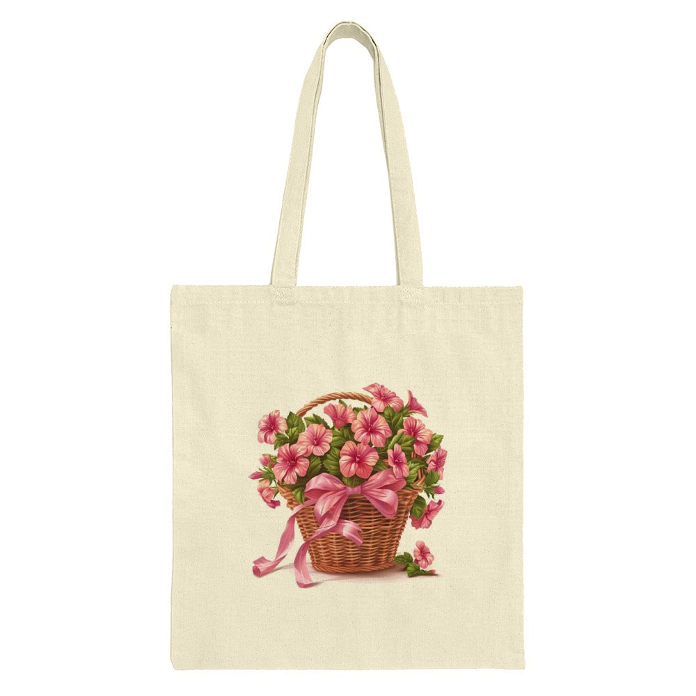 Floral Basket Tote Bag, Pink Flower Design, Cute Ribbon Bow Bag, Gift Bag, Stylish Everyday Bag, Flowers, Woven Basket, Tote Bags - Tawshia