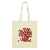 Floral Basket Tote Bag, Pink Flower Design, Cute Ribbon Bow Bag, Gift Bag, Stylish Everyday Bag, Flowers, Woven Basket, Tote Bags - Tawshia