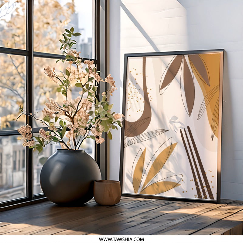 Abstract Leaf Wall Art, Modern Botanical Print, Minimalist Art Poster, Earth Tones Art, Scandinavian Art, Living Room Decor - Tawshia