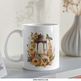 Lantern Sunflower Mug, Floral Mug, Butterfly Decor Mug, Autumn Flower Coffee Mug, Fall Theme Tea Cup, Nature Lover Gift, Gift for Her - Tawshia