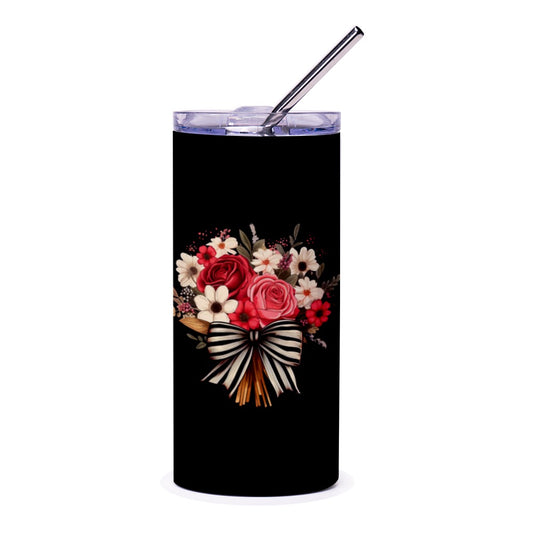 Floral Bouquet Tumbler, Roses and Daisies, Striped Bow, Elegant Design, Gift Idea, Stylish Tumbler, Unique Gift, Drinkware - Tawshia
