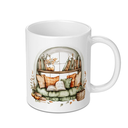 Cozy Reading Nook Mug, Fall Decor Mug, Book Lover Gift Mug, Autumn Coffee Mug, Unique Ceramic Mug (132 characters) - Tawshia