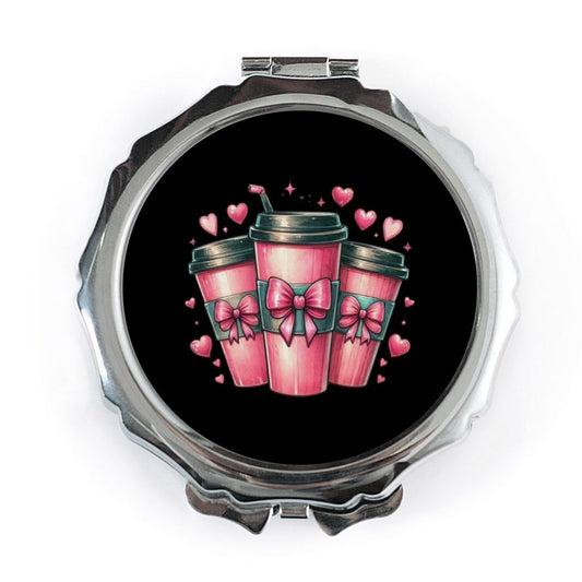 Coffee Lover Pocket Mirror, Kawaii Pink Coffee, Cute Bows Mirror, Hearts Pocket Mirror, Gift for Friend, Trendy Pocket Mirror - Tawshia