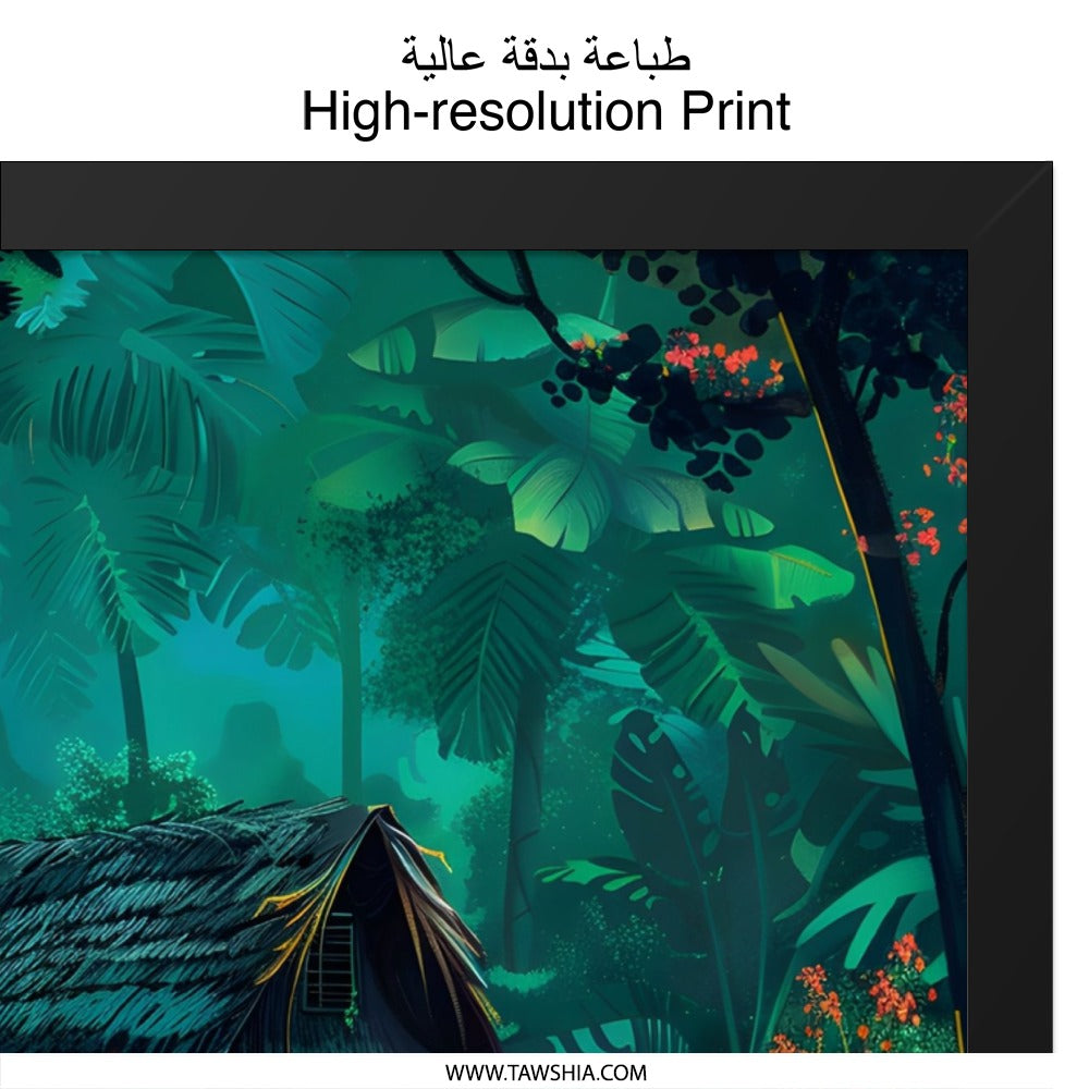 Tropical Hut Wall Art, Jungle Print, Cabin in Woods, Lush Foliage Painting, Exotic Home Decor, Nature Lover Gift - Tawshia