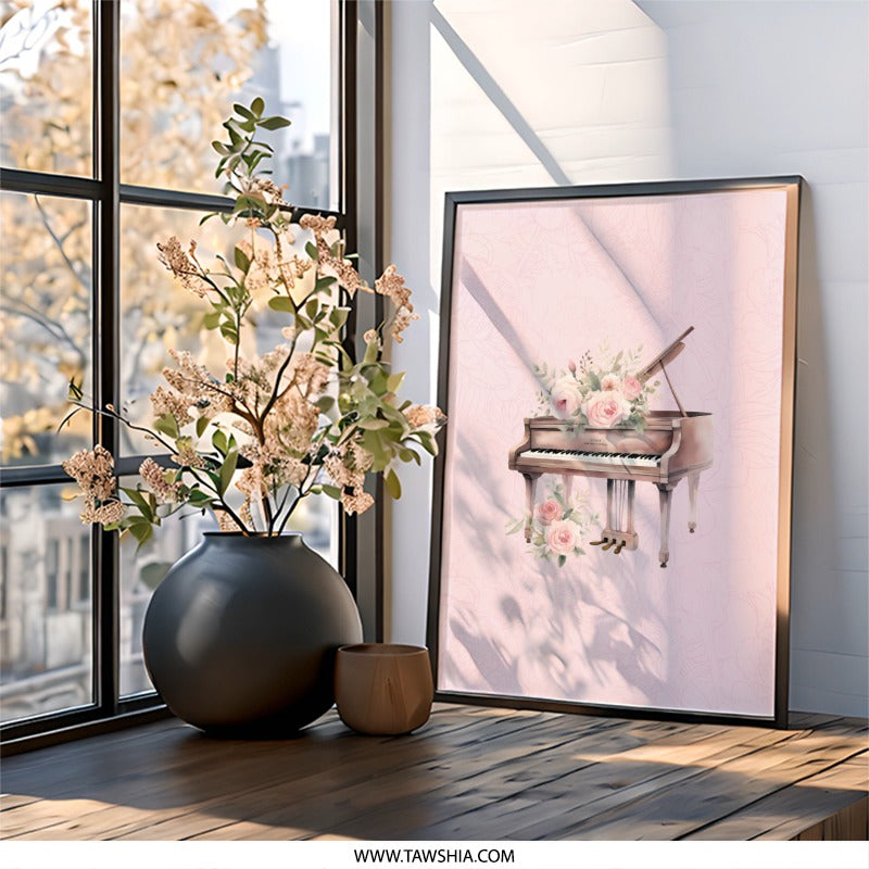 Floral Piano Wall Art, Music Room Decor, Pink Rose Art, Elegant Home Decor, Musical Instrument Print, Feminine Wall Decor - Tawshia