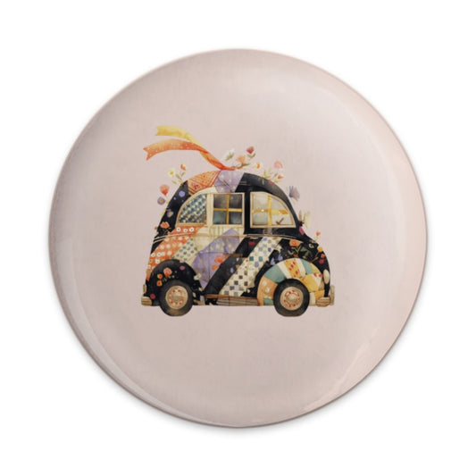 Quilted Car Pinback, Cute Car Badge, Floral Car Button, Retro Car Pin, Unique Car Pinback, Car Lover Gift, Colorful Patchwork Car Pinback - Tawshia