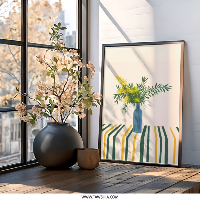 Mimosa Wall Art Print, Floral Still Life Art, Botanical Wall Decor, Yellow Flowers Art, Striped Tablecloth Print, Contemporary Art Print - Tawshia