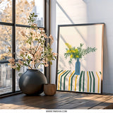 Mimosa Wall Art Print, Floral Still Life Art, Botanical Wall Decor, Yellow Flowers Art, Striped Tablecloth Print, Contemporary Art Print - Tawshia