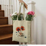 Poppy Tote Bag, Floral Tote, Flower Tote, Tea Cup Design Bag, Stylish Tote, Gift For Her, Everyday Tote Bag, Reusable Shopping Bag - Tawshia