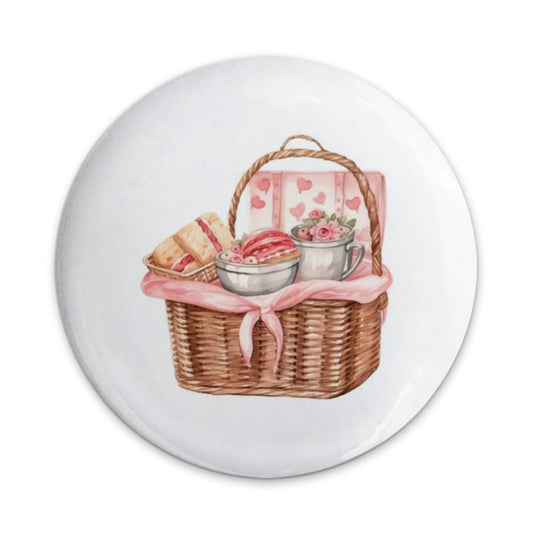 Picnic Basket Pinback Button, Vintage Style, Heart Accents, Food Illustration, Cute Button, Aesthetic Accessory, Valentine Gift - Tawshia