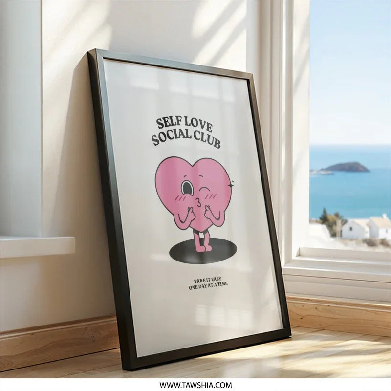 Self Love Social Club Wall Art, Heart Poster, Cute Home Decor, Positive Affirmation Print, Trendy Wall Hanging, Valentines Day Gift - Tawshia