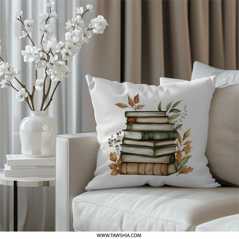 Book Lover Pillow, Stacked Books Pillow, Literary Throw Pillow, Bookish Decor, Reading Nook Pillow, Library Decor, Autumn Leaves Pillow - Tawshia