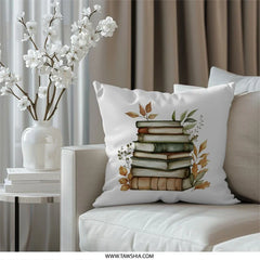 Book Lover Pillow, Stacked Books Pillow, Literary Throw Pillow, Bookish Decor, Reading Nook Pillow, Library Decor, Autumn Leaves Pillow - Tawshia