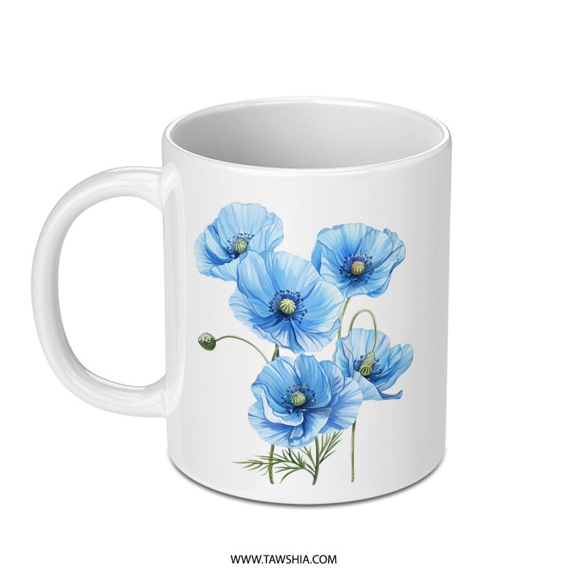 Blue Poppy Flower Mug, Floral Coffee Mug, Watercolor Floral Mug, Spring Mug, Gift for Her, Botanical Mug, Flower Lover Gift - Tawshia