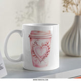 Pink Coffee Cup Mug, Heart Mug, Floral Design Mug, Love Coffee Mug, Valentine's Day Mug, Gift for Her, Everyday Mug - Tawshia