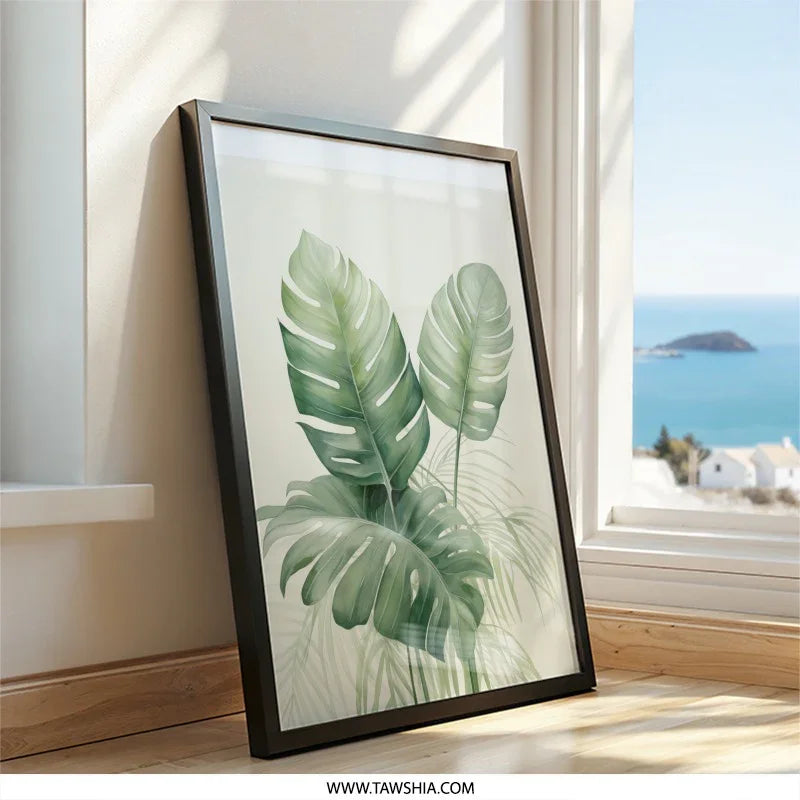 Monstera Leaf Wall Art, Tropical Plant Print, Botanical Art, Modern Home Decor, Green Leaves Wall Decor - Tawshia