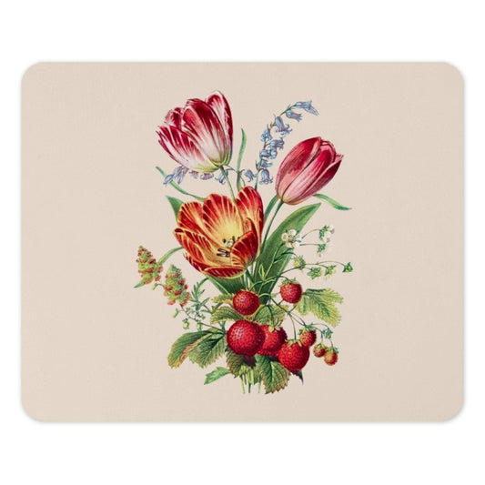 Floral Mouse Pad, Vintage Tulip and Strawberry, Botanical Desk Decor, Cute Computer Accessory, Office Gift, Desk Mat, Floral Art Mousepad - Tawshia