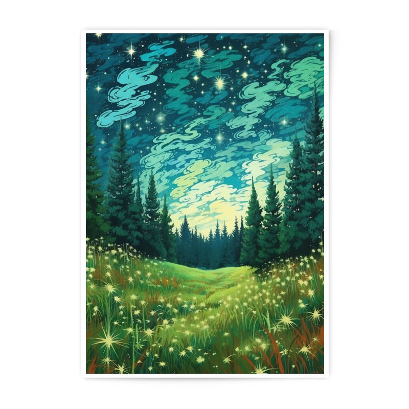 Night Sky Meadow Photographic Print, Starry Night Landscape Art, Forest Photography, Dreamy Nature Print, Wall Art Decor - Tawshia