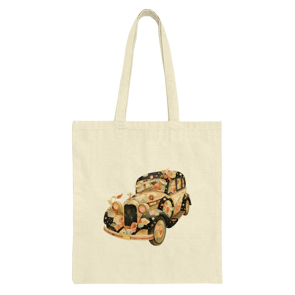 Floral Car Tote Bag, Vintage Car Design, Unique Tote Bag, Flower Art, Car Lover Gift, Stylish Tote, Everyday Bag - Tawshia