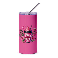 Pink Coffee Tumbler, Cute Coffee Cup, Bow Tumbler, Floral Tumbler, Coffee Lover Gift, Tumbler with Straw, Gift for Her, Drinkware - Tawshia