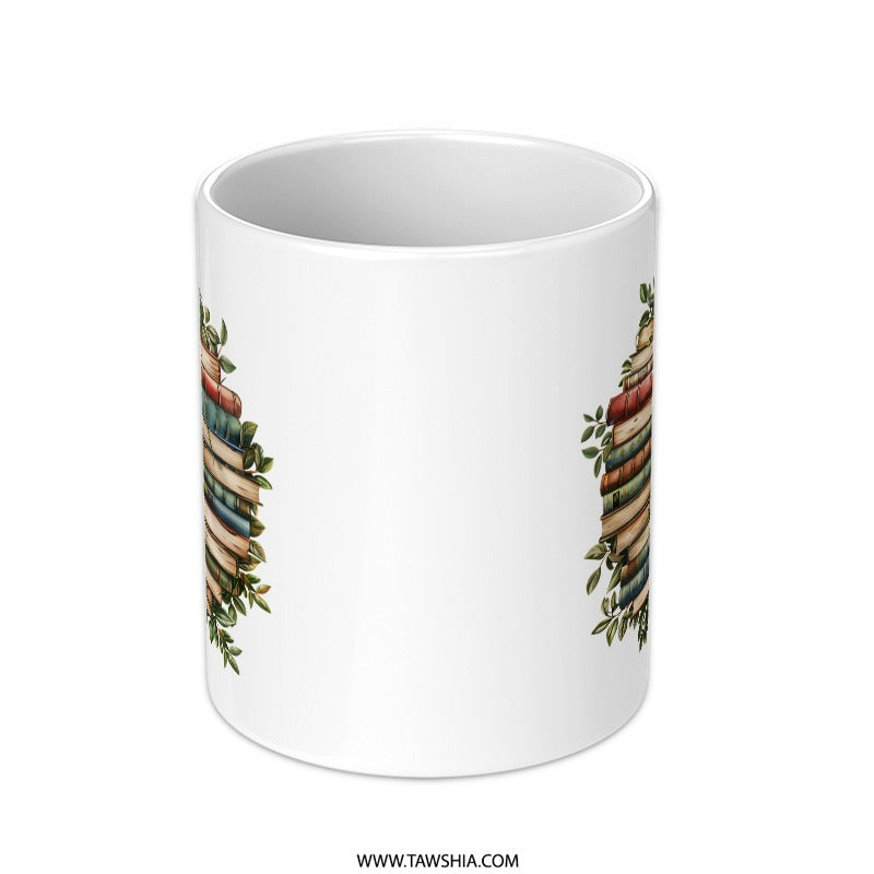 Book Lover Mug, Reader Gift Mug, Floral Book Stack Mug, Book Wreath Mug, Coffee Mug for Bookworms, Bookish Mug - Tawshia