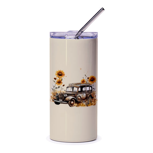 Sunflower Antique Car Tumbler, Vintage Vehicle Travel Mug, Unique Drinkware, Rustic Automotive Gift, Floral Insulated Tumbler, Cup with - Tawshia