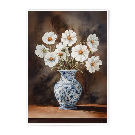 White Cosmos in Vase Photographic Print, Floral Still Life Art, Antique Decor, Elegant Flower Art, Home Wall Decor, Cosmos Artwork - Tawshia