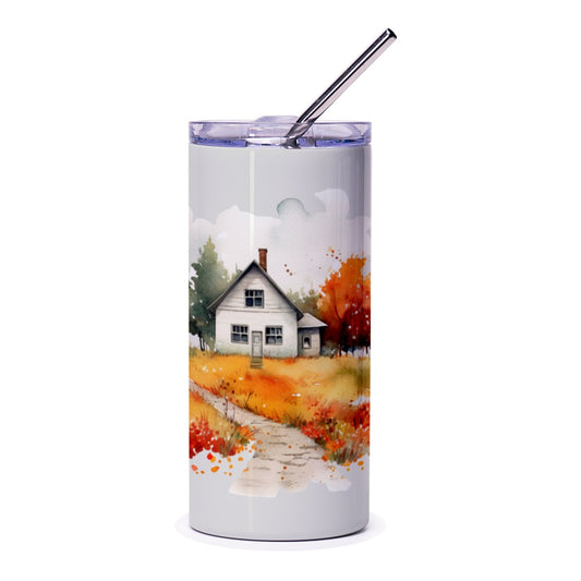 Autumn Watercolor House Tumbler, Fall Landscape Tumbler, Country Home Tumbler, Rustic Cottage Tumbler, Nature Lover Gift, Hot Cold Drinkware - Tawshia