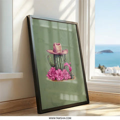 Cactus Framed Wall Art, Floral Desert Decor, Western Home Decor, Pink Flowers Art, Cowboy Hat Art, Southwestern Art Print - Tawshia