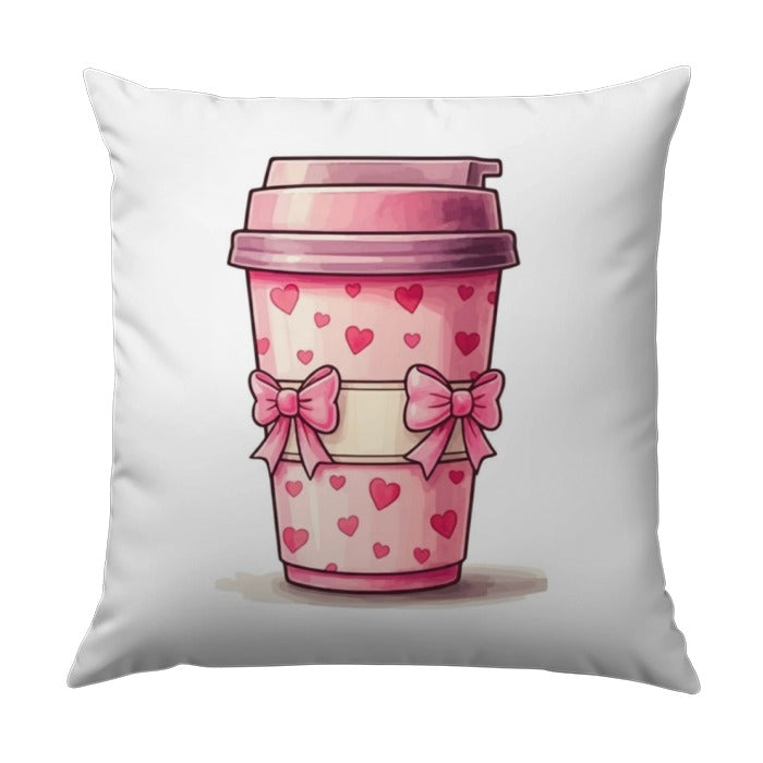 Pink Coffee Cup Pillow, Hearts and Bows Throw Pillow, Cute Kawaii Pillow, Decorative Home Decor, Valentine's Day Gift - Tawshia