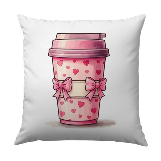 Pink Coffee Cup Pillow, Hearts and Bows Throw Pillow, Cute Kawaii Pillow, Decorative Home Decor, Valentine's Day Gift - Tawshia