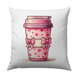 Pink Coffee Cup Pillow, Hearts and Bows Throw Pillow, Cute Kawaii Pillow, Decorative Home Decor, Valentine's Day Gift - Tawshia