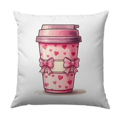 Pink Coffee Cup Pillow, Hearts and Bows Throw Pillow, Cute Kawaii Pillow, Decorative Home Decor, Valentine's Day Gift - Tawshia