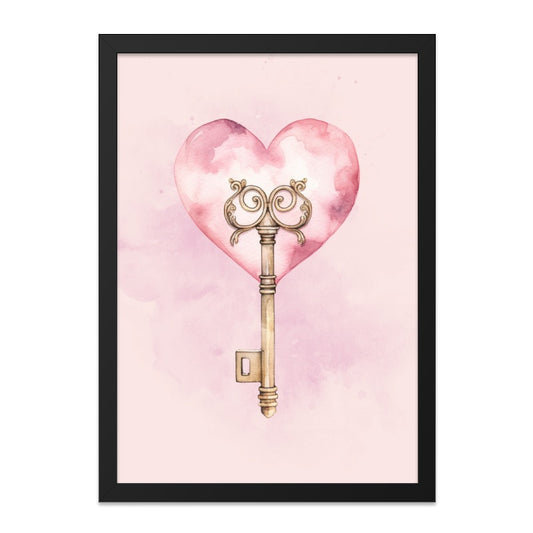 Pink Heart Key Framed Wall Art, Watercolor Illustration Print, Romantic Decor, Valentine's Day Gift, Love Symbol, Home Decoration, Cute Art - Tawshia