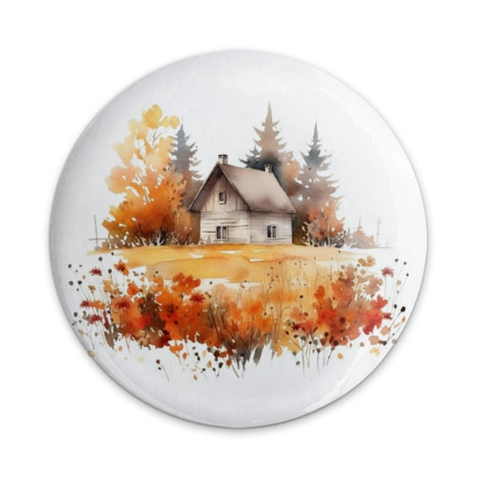 Autumn Cottage Pinback Button, Watercolor Landscape Button, Cabin in Woods Button, Fall Colors Gift, Nature Lover Button, Scenic Pin - Tawshia