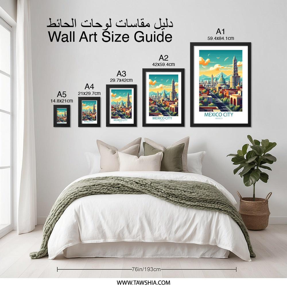 Mexico City Wall Art, Illustrated Mexico Skyline Print, Mexico Travel Poster, Landmark Art, Colorful Cityscape, Home Decor - Tawshia