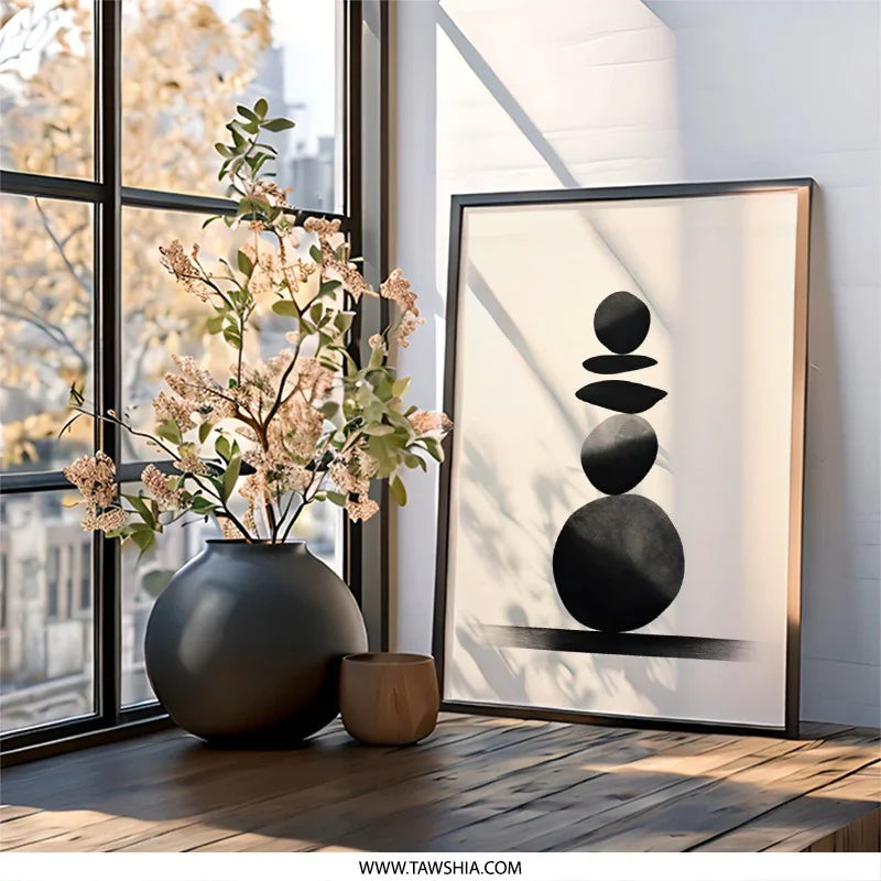 Minimalist Stone Wall Art, Balancing Stones Print, Zen Decor, Modern Abstract Art Print, Black and White Wall Decor - Tawshia