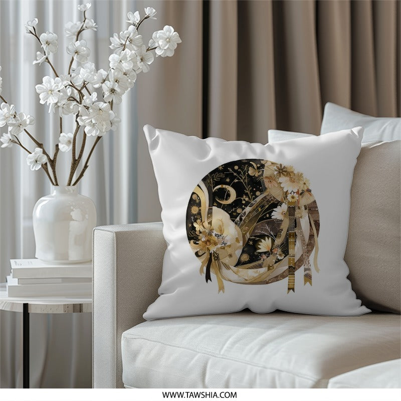 Celestial Moon Pillow, Floral Crescent Throw Pillow, Gold Accent Cushion, Decorative Pillow Cover, Luxury Home Decor - Tawshia