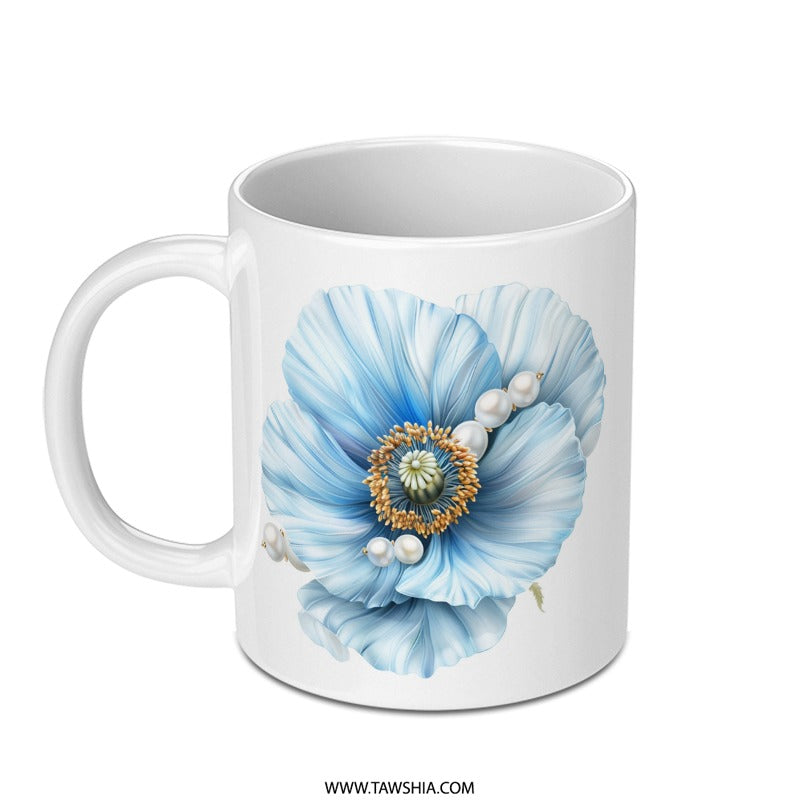 Blue Poppy Mug, Floral Mug, Pearl Accent, Elegant Coffee Cup, Flower Mug, Gift Idea, Stylish Mug, Unique Design, Decorative Mug, Art Mug - Tawshia