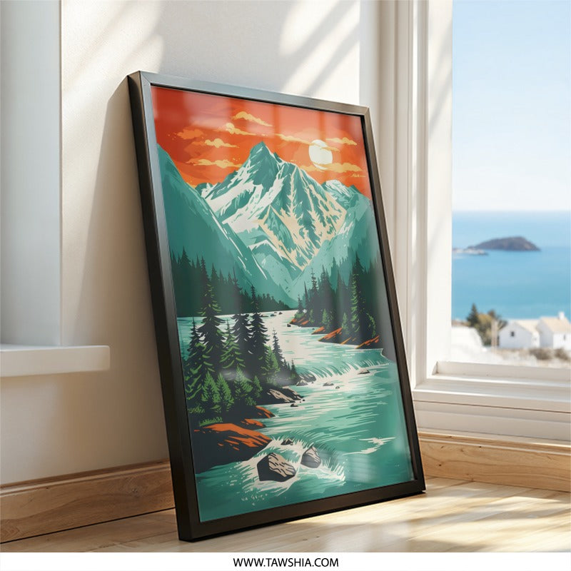 Mountain River Wall Art, Landscape Painting, Nature Art Print, Scenic Wall Decor, Modern Wall Art, Home Decor Art, Mountain Art - Tawshia