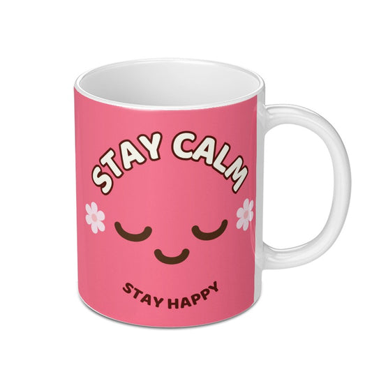 Stay Calm Stay Happy Mug, Cute Pink Kawaii Style, Positive Vibes Coffee Cup, Gift For Friend, Smiley Face Mug - Tawshia