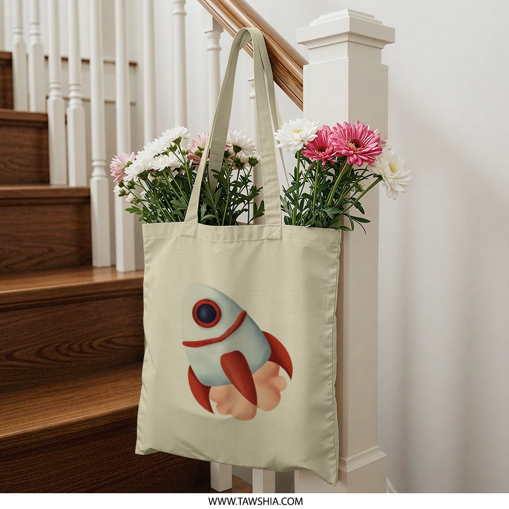 Rocket Ship Tote Bag, Space Travel Bag, Kids Room Decor, Outer Space Gift, Cartoon Rocket, Fun Gift, Stylish Bag, Everyday Tote - Tawshia