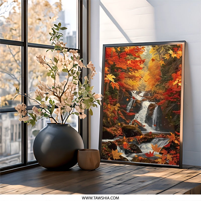 Autumn Waterfall Wall Art, Forest Stream Landscape, Fall Foliage Print, Nature Photography Decor, Scenic Wall Decor, Cozy Home Art - Tawshia