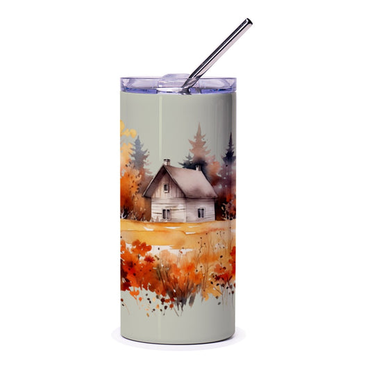 Watercolor Cabin Tumbler, Autumn Landscape, Rustic Chic Drinkware, Nature Lover Gift, Cozy Fall Vibes, Cute Travel Mug, Hot Cold Drinks - Tawshia