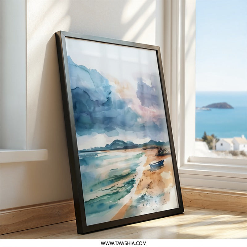 Watercolor Beach Wall Art, Cloudy Seascape Painting Print, Coastal Home Decor, Nautical Art, Boat Art, Serene Wall Art, Beach Art - Tawshia