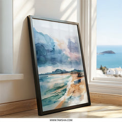 Watercolor Beach Wall Art, Cloudy Seascape Painting Print, Coastal Home Decor, Nautical Art, Boat Art, Serene Wall Art, Beach Art - Tawshia