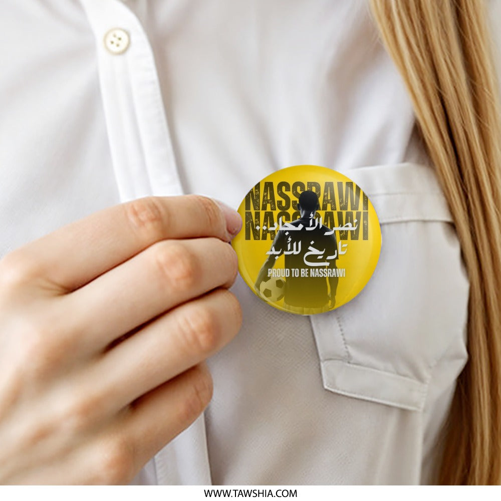 Nassrawi Fan Pinback Button, Football Soccer Supporter, Club Pride, Sports Team, Yellow Badge, Gift for Fan, Arabic Text, Saudi Arabia - Tawshia